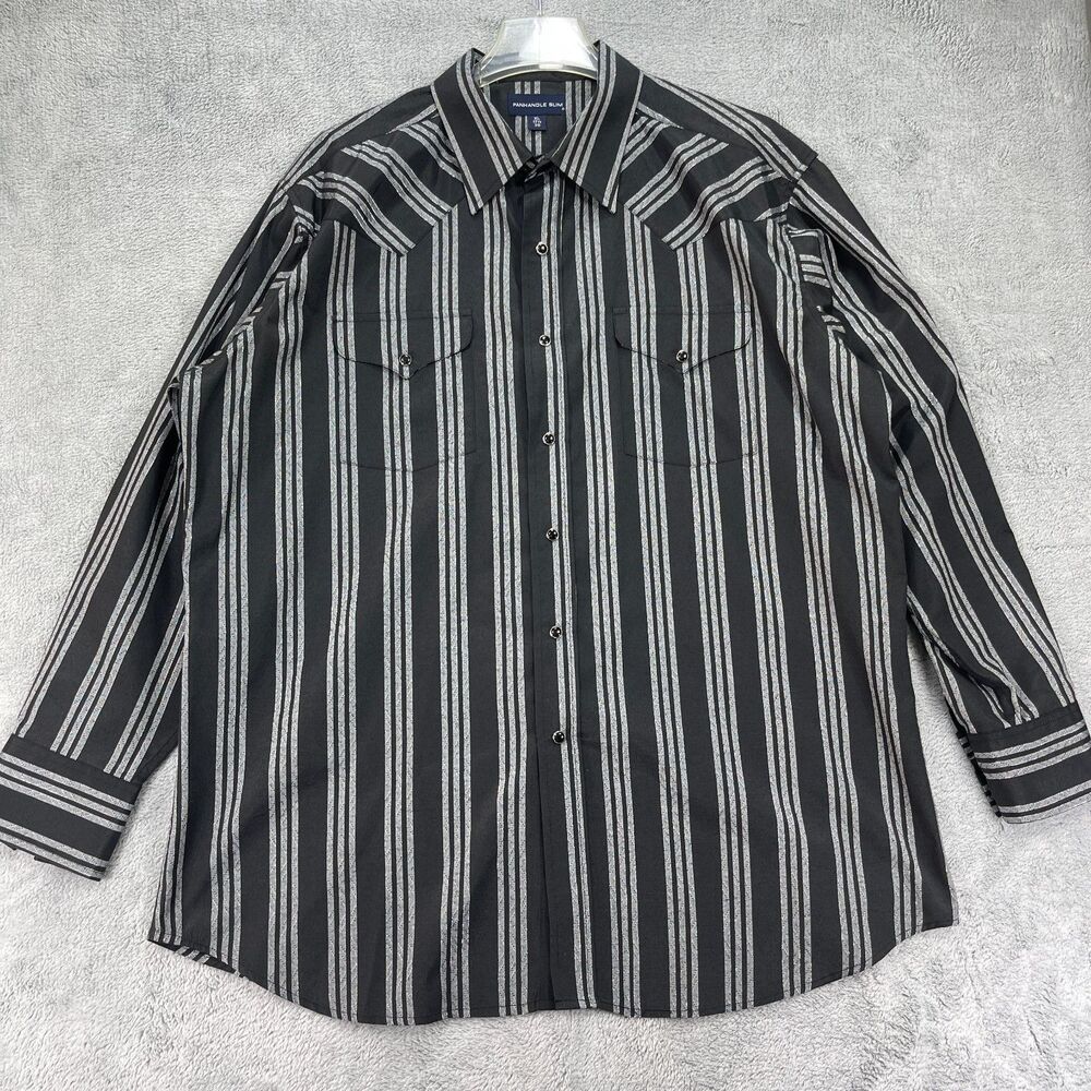 Panhandle Slim Dress Shirt Mens 17.5 Black Gray Striped Pearl Snap Collared